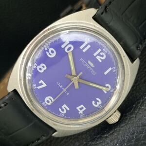 Vintage 1973 Fortis Manual Mens Silver Watch W/Black Strap & Blue accents